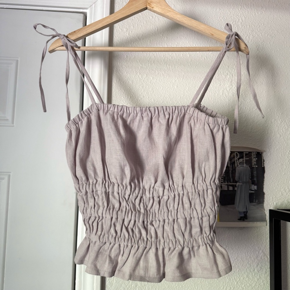 LOVE AND CONFUSE dusty lilac lavender purple linen smocked cropped tank top